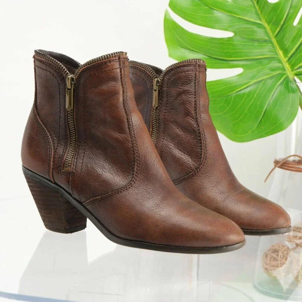 Sam Edelman Womens Linden Boot Size 7 Brown Leather Western Block Heel  Zip Edge